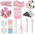 Pink Office Supplies Set with Stapler, Tape Dispenser, Pen Holder, 1000 Staples K26377