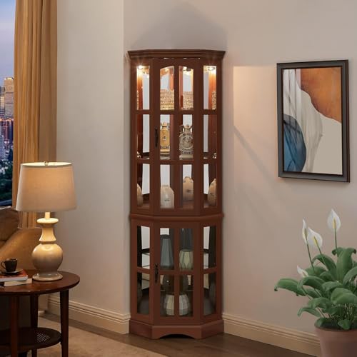 Lighted Corner Curio Cabinet with 4 Adjustable Shelves, Mirrored Back Panel, 4 Tempered Doors, 23.75"×11.75"×70", Cherry H9100