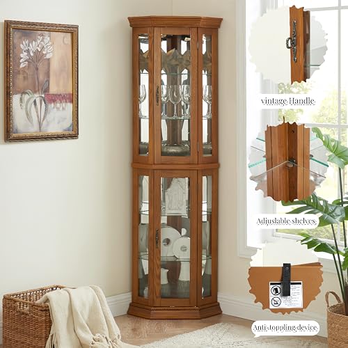 Lighted Corner Curio Display Cabinet with Adjustable Shelves & Mirrored Back H96391