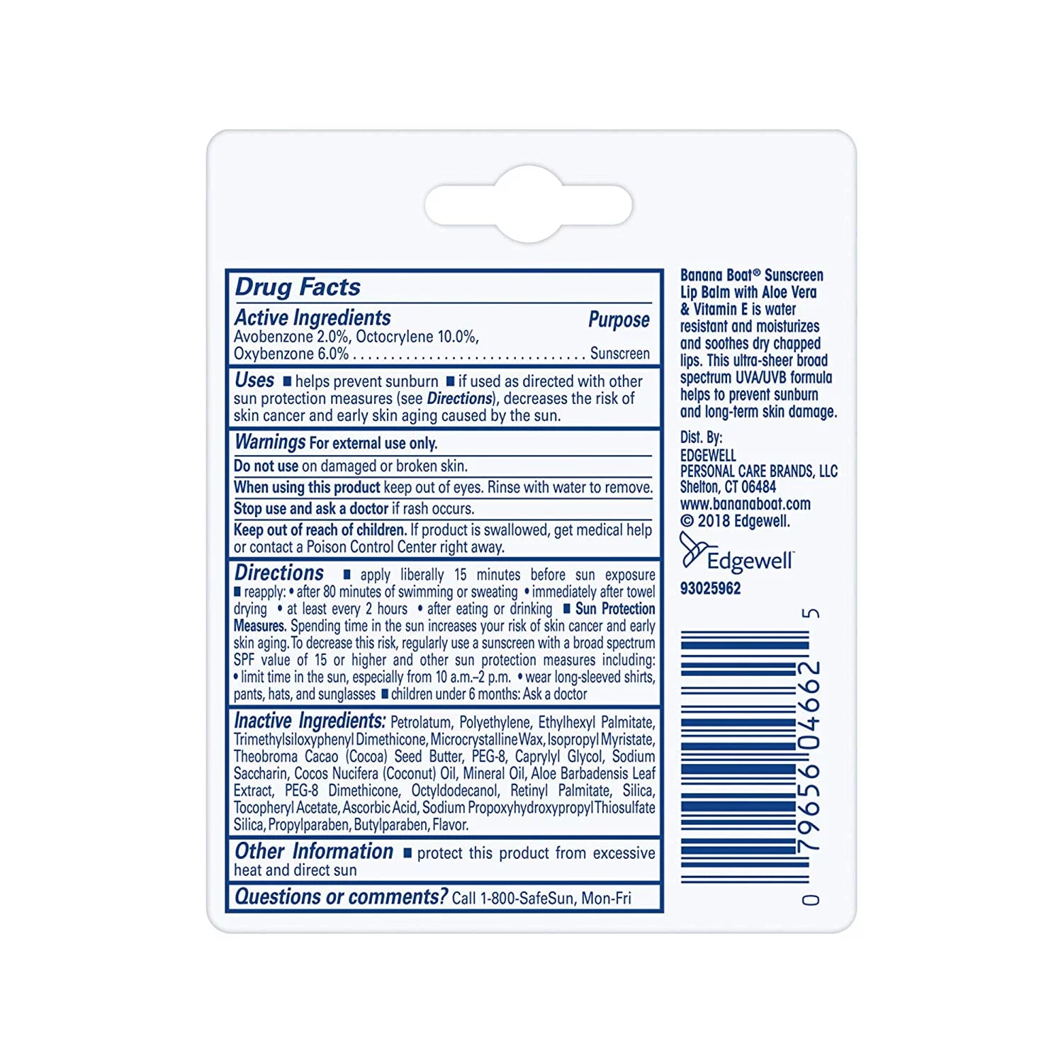 Aloe Vera Sunscreen Lip Balm SPF 45 .15 oz B800