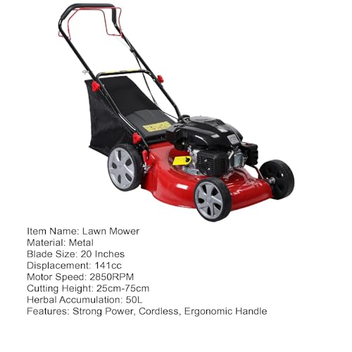 20-Inch Gas Push Lawn Mower, 141CC 4-Cycle Engine, Self Propelled, Side Discharge, High Rear Wheels, 7-Position Single Wheel Height Adjustment (Red) R615