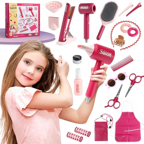 21Pcs Girls Hair Salon Toys with Barber Apron, Hair Dryer, Mirror, Scissors and Styling Accessories B22936