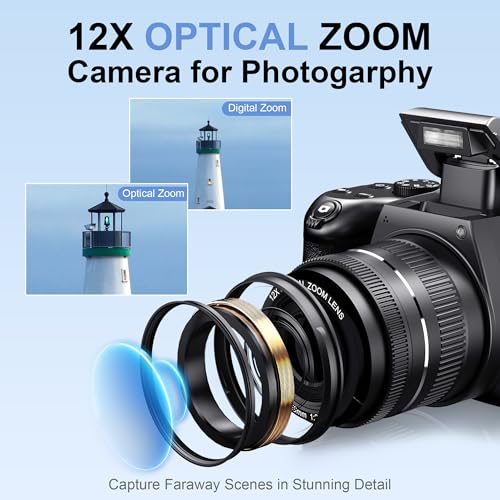 4K Digital Camera with 12X Optical Zoom, 72MP, 270° Flip Screen, 2 Batteries, 32GB SD Card D35687