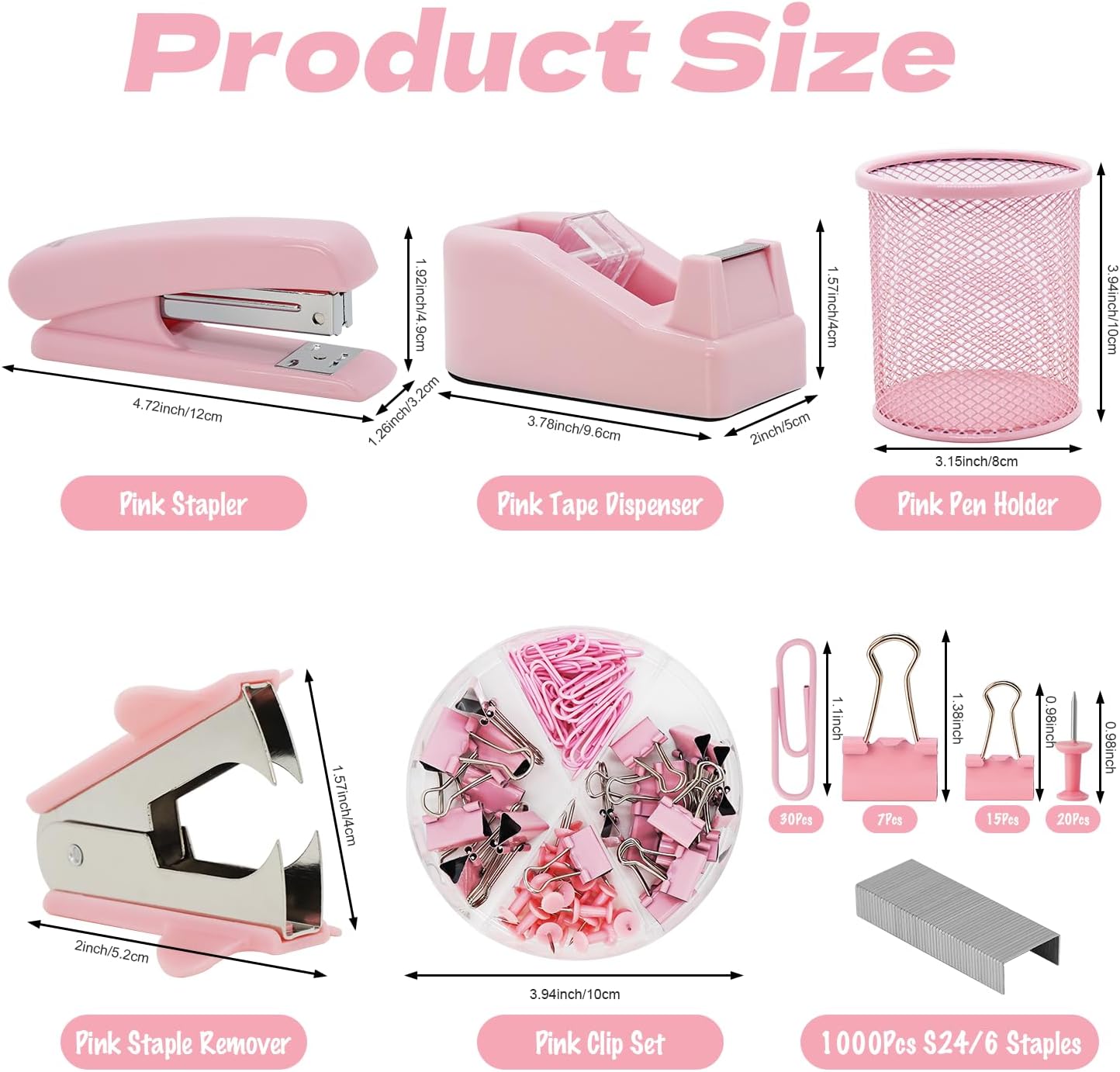 Pink Office Supplies Set with Stapler, Tape Dispenser, Pen Holder, 1000 Staples K26377