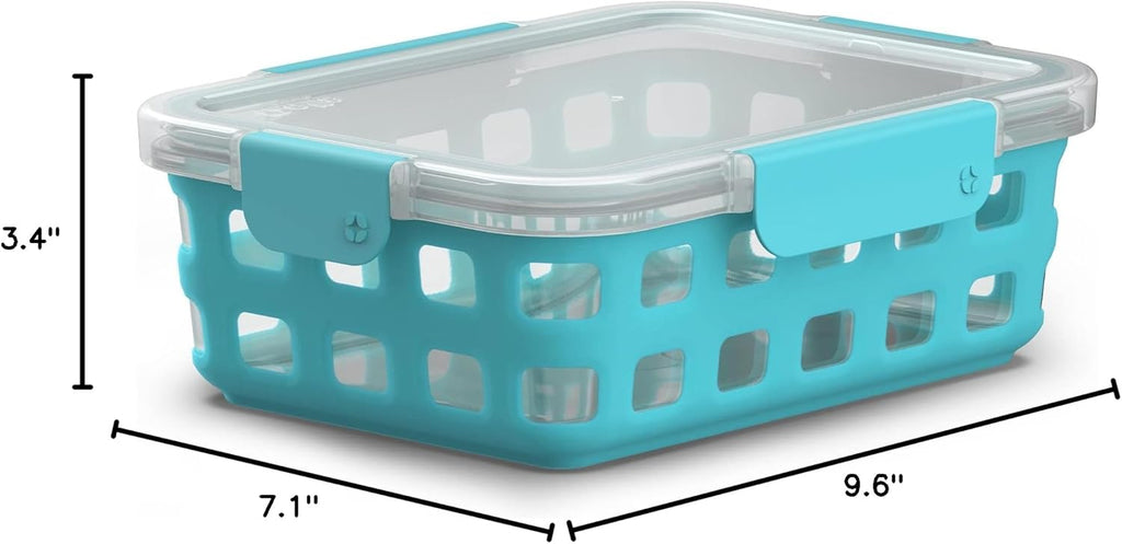 Sky Blue Glass Food Storage Container with Silicone Sleeve and Airtight Lid K4722