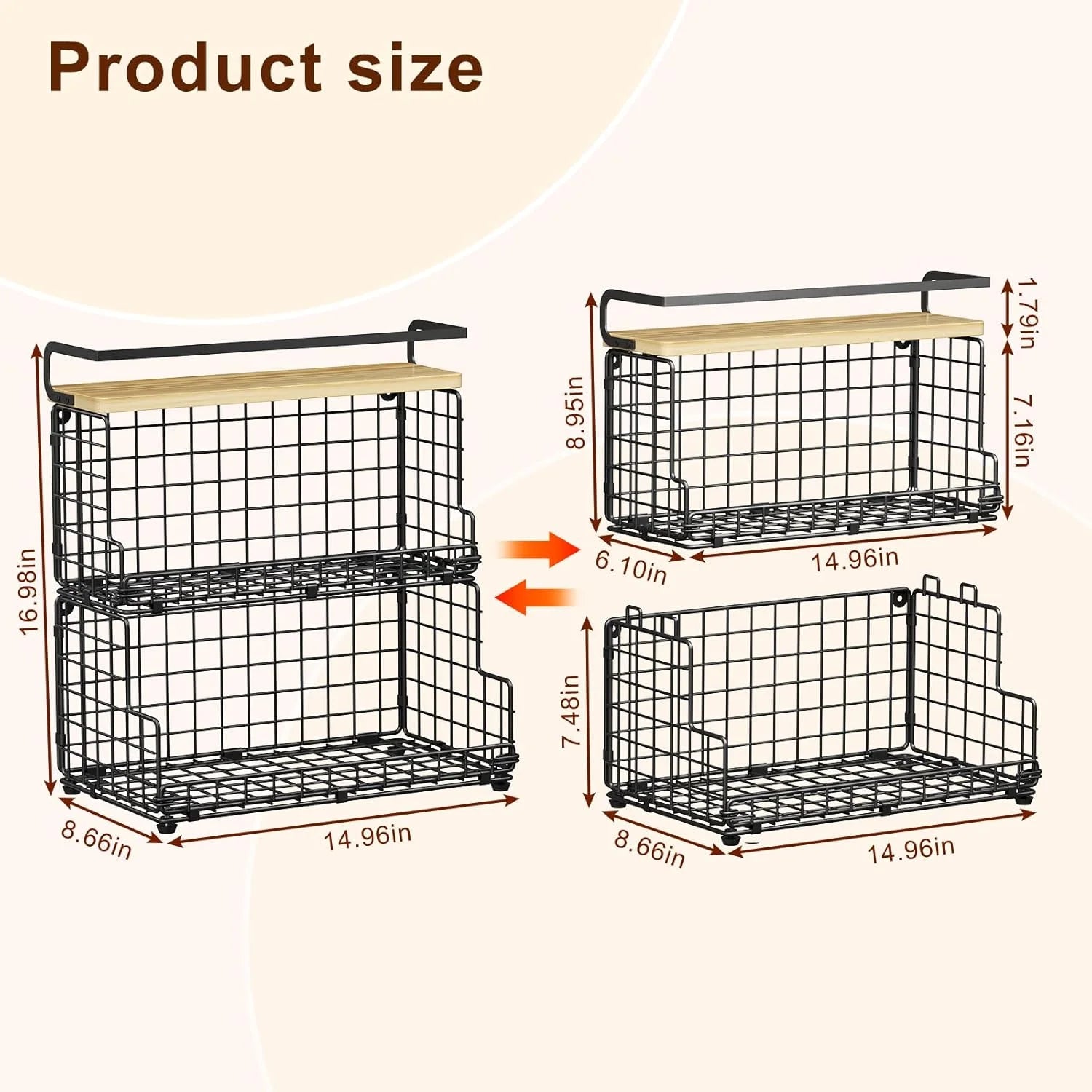 Black 3-Tier Stackable Snack Organizer with Pine Wood Top W44135