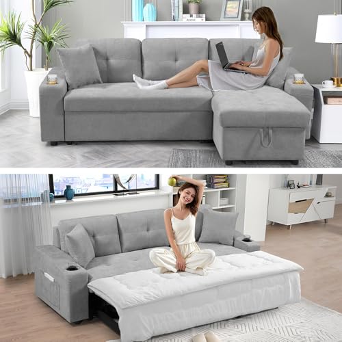 92" Reversible Sleeper Sectional Sofa with Storage Chaise, Light Gray Linen Fabric W176
