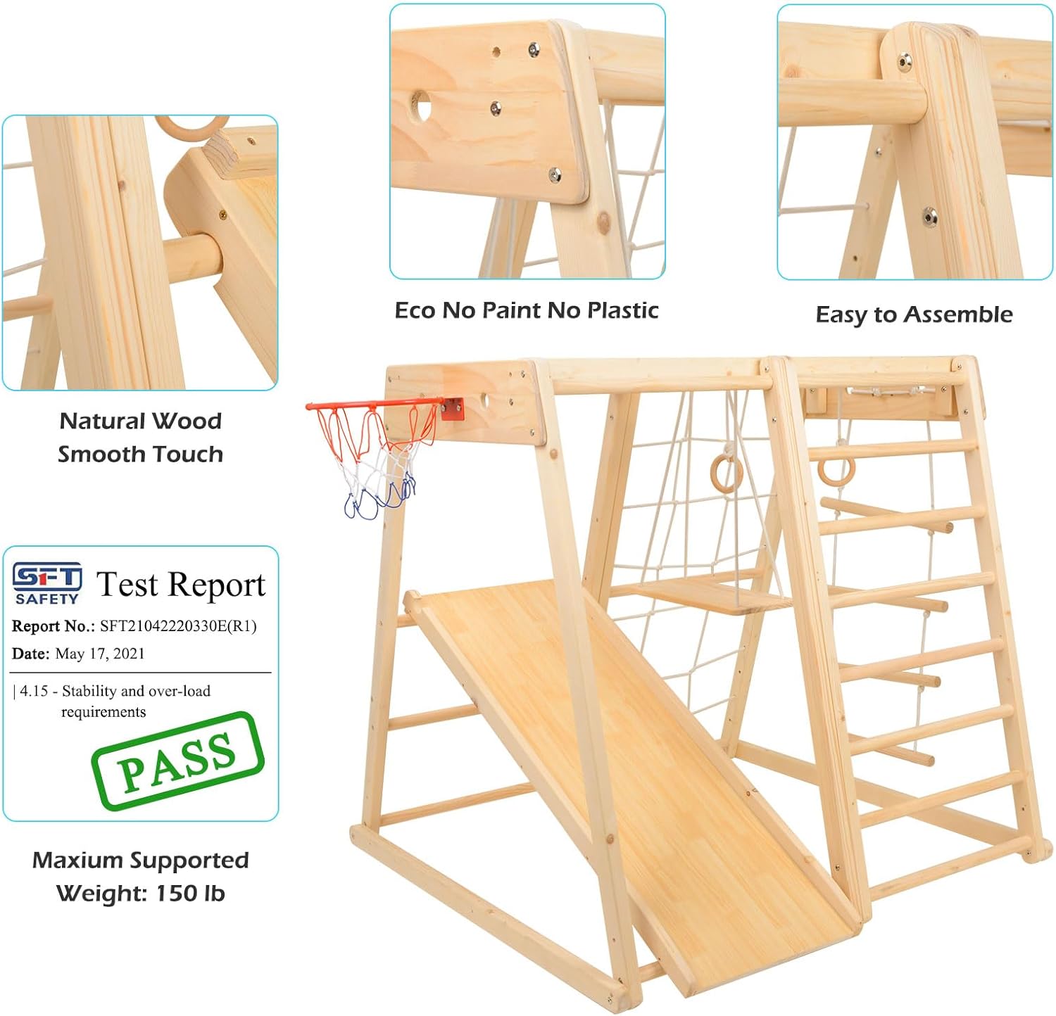 Wood Playset 9-in-1 with Slide, Basketball, Swing, Jungle Gym, Swedish Ladder, Monkey Bars, Rope Ladder, Rock Wall Dome Q7352