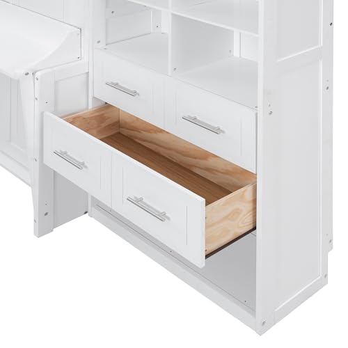 Queen Murphy Bed with Desk, Foldable Queen Wood Wall Bed with Storage Shelves, White B6475