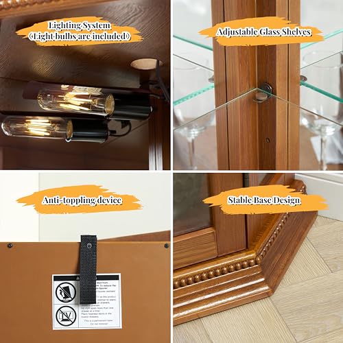 Lighted Corner Curio Display Cabinet with Adjustable Shelves & Mirrored Back H96391