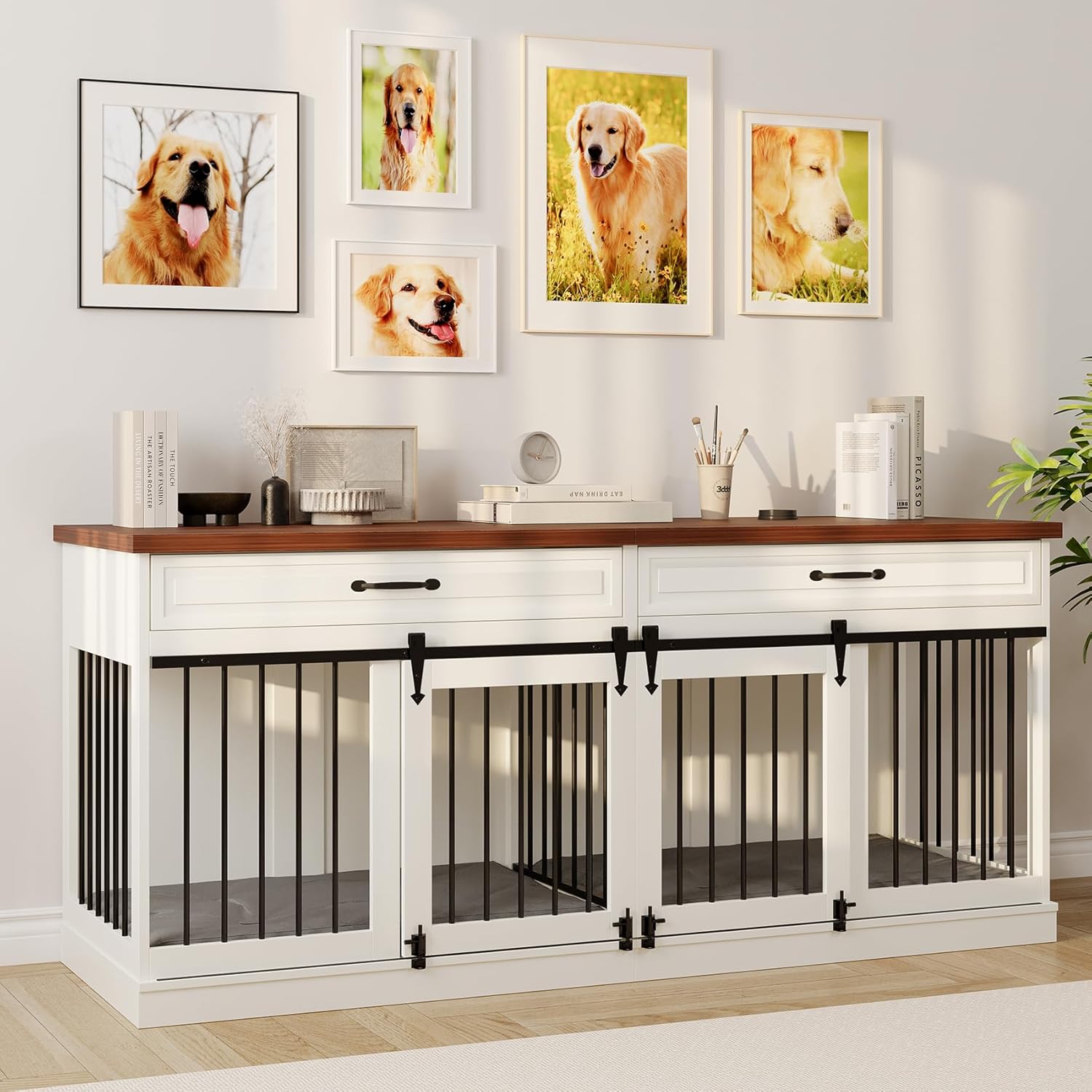 White Wooden Dog Kennel with Sliding Barn Doors and 2 Drawer M679762