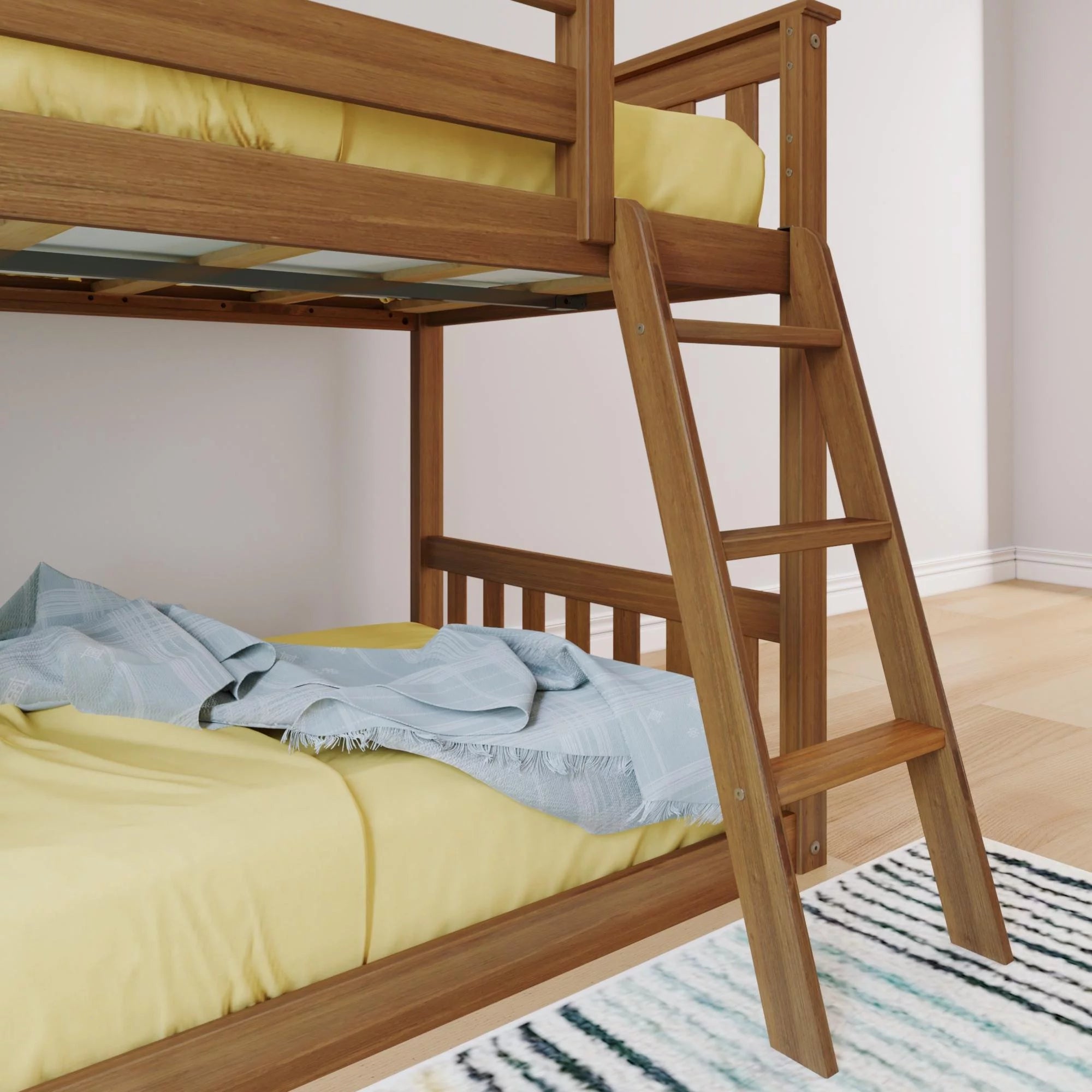 Twin over Twin Solid Wood Low Bunk Bed with Ladder, Pecan Z524569