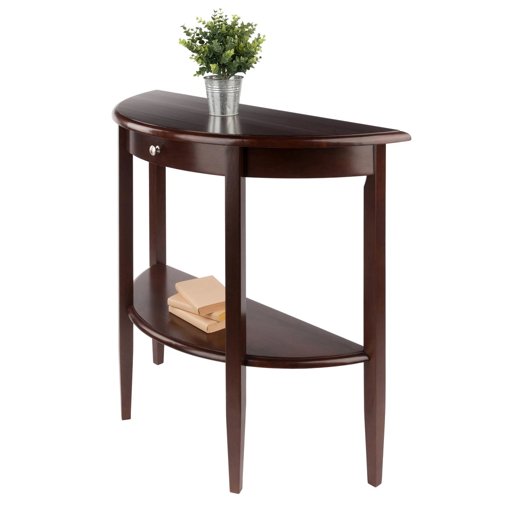 Walnut Half Moon Console Table with Drawer and Shelf N461174