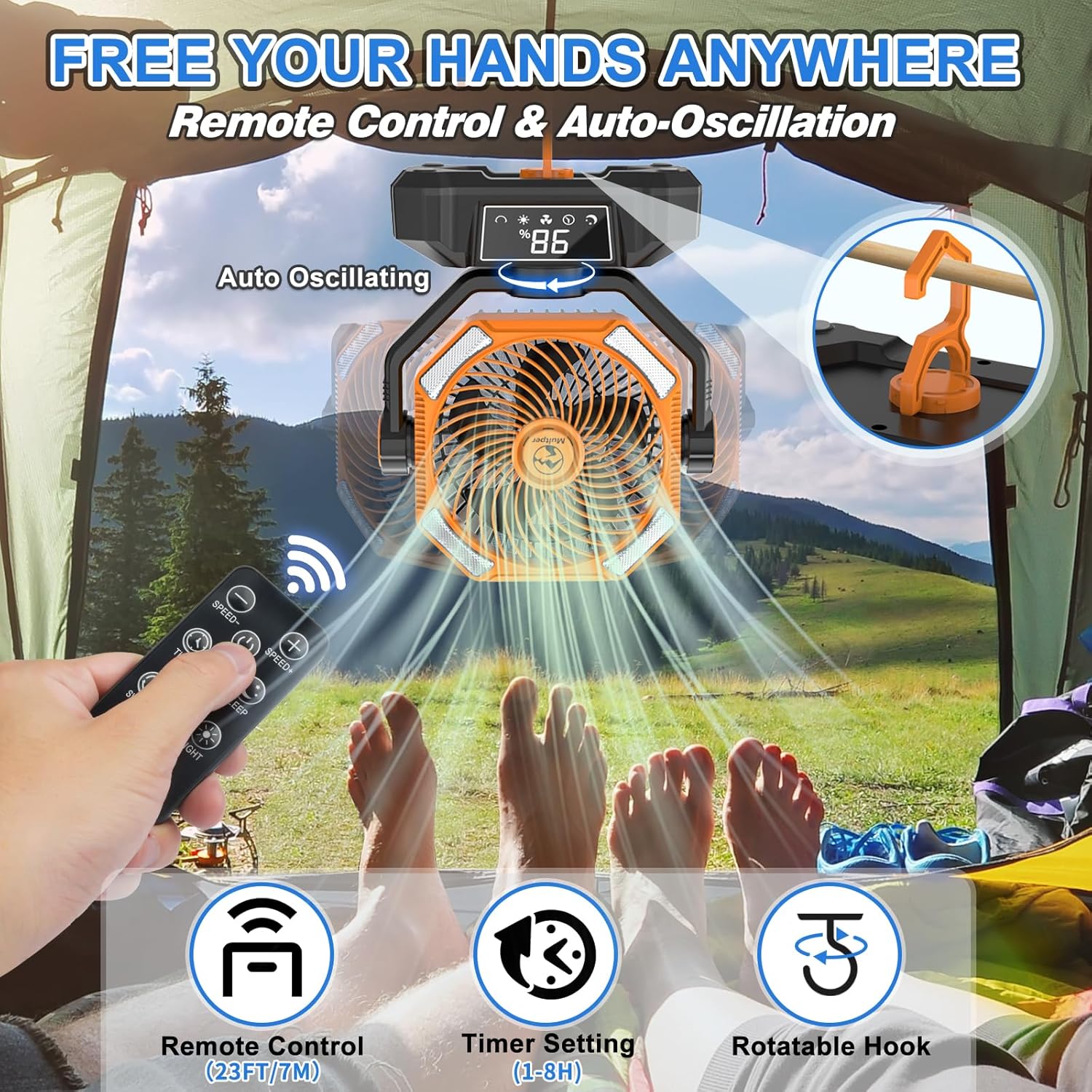 20000mAh Rechargeable Oscillating Camping Fan with LED Lantern and Remote Control Y6886