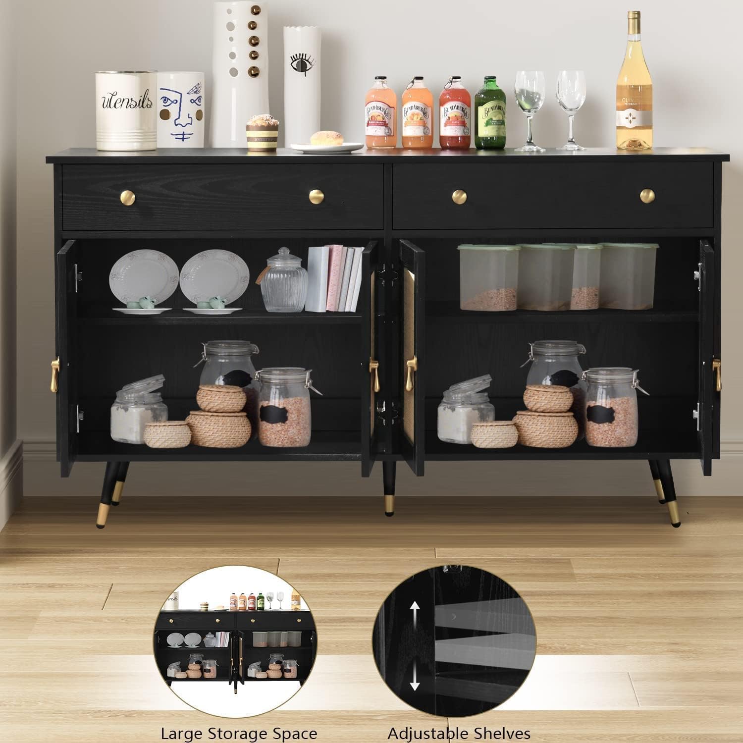 Black Sideboard Storage Cabinet with 4 Rattan Doors and 2 Drawers G3589