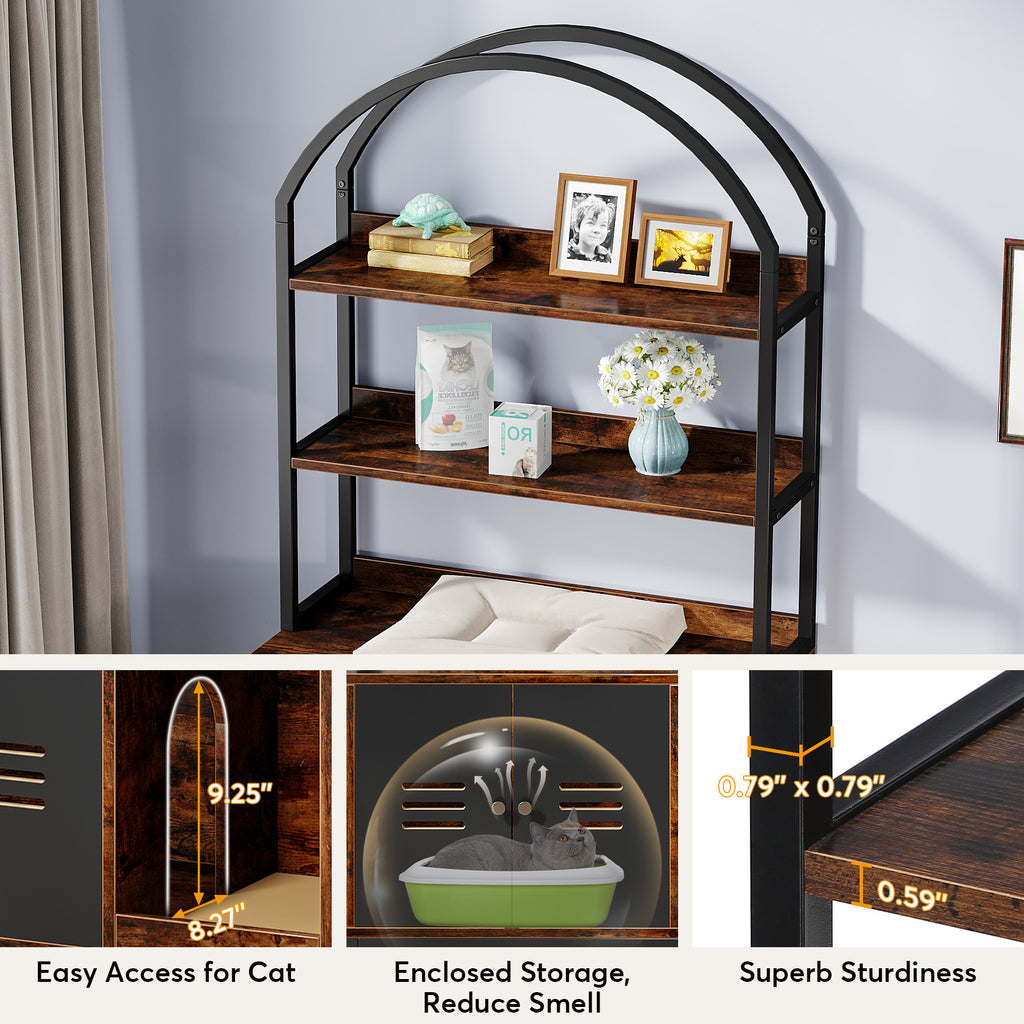 Cat Litter Box Enclosure Furniture with Shelves and Doors X35575