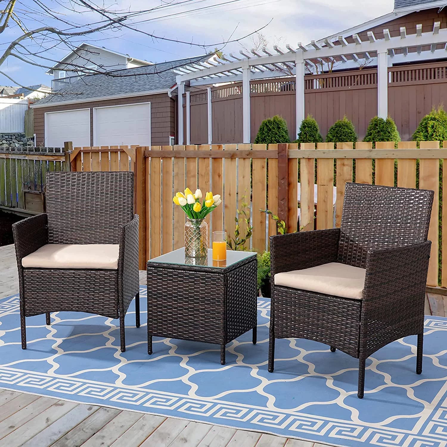 3 Pieces Outdoor Patio Furniture Set with Cushions and Coffee Table Brown C379