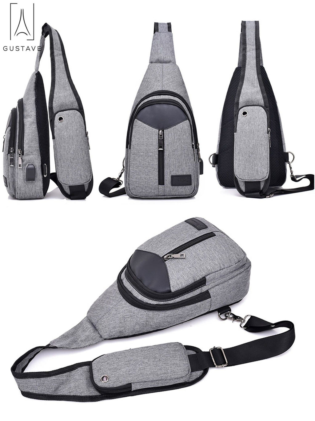 Black Nylon Chest Sling Bag with USB Charge Port T502678