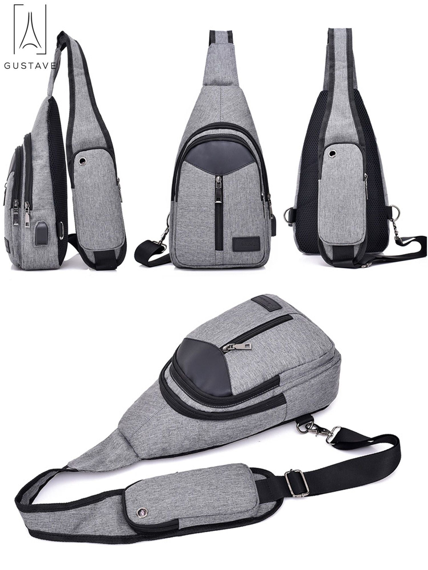Black Nylon Chest Sling Bag with USB Charge Port T502678