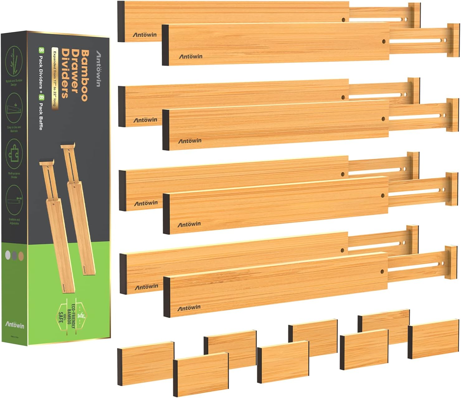 Bamboo Drawer Dividers Organizers 16pcs, Expandable Drawer Separators, 17-22 inches Adjustable M22126