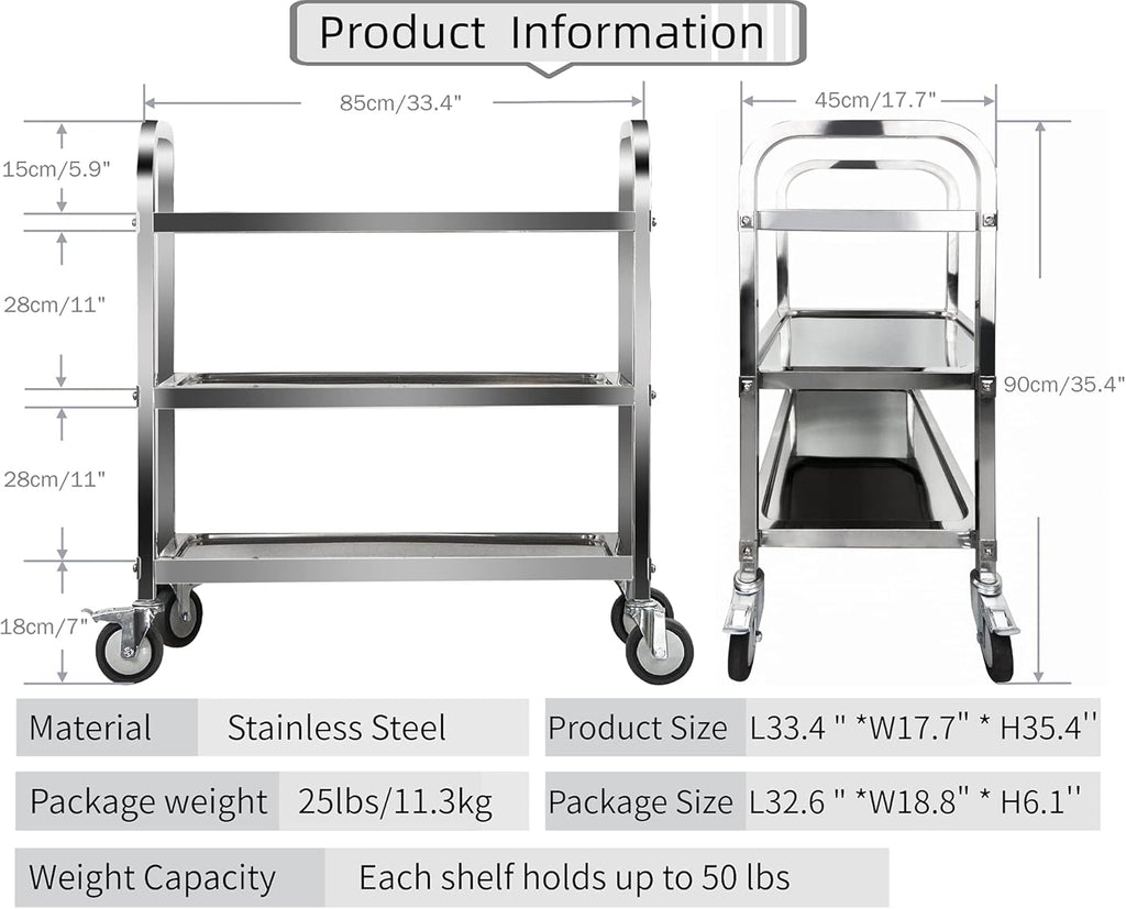 3 Tier Stainless Steel Utility Cart with Locking Wheels S718709