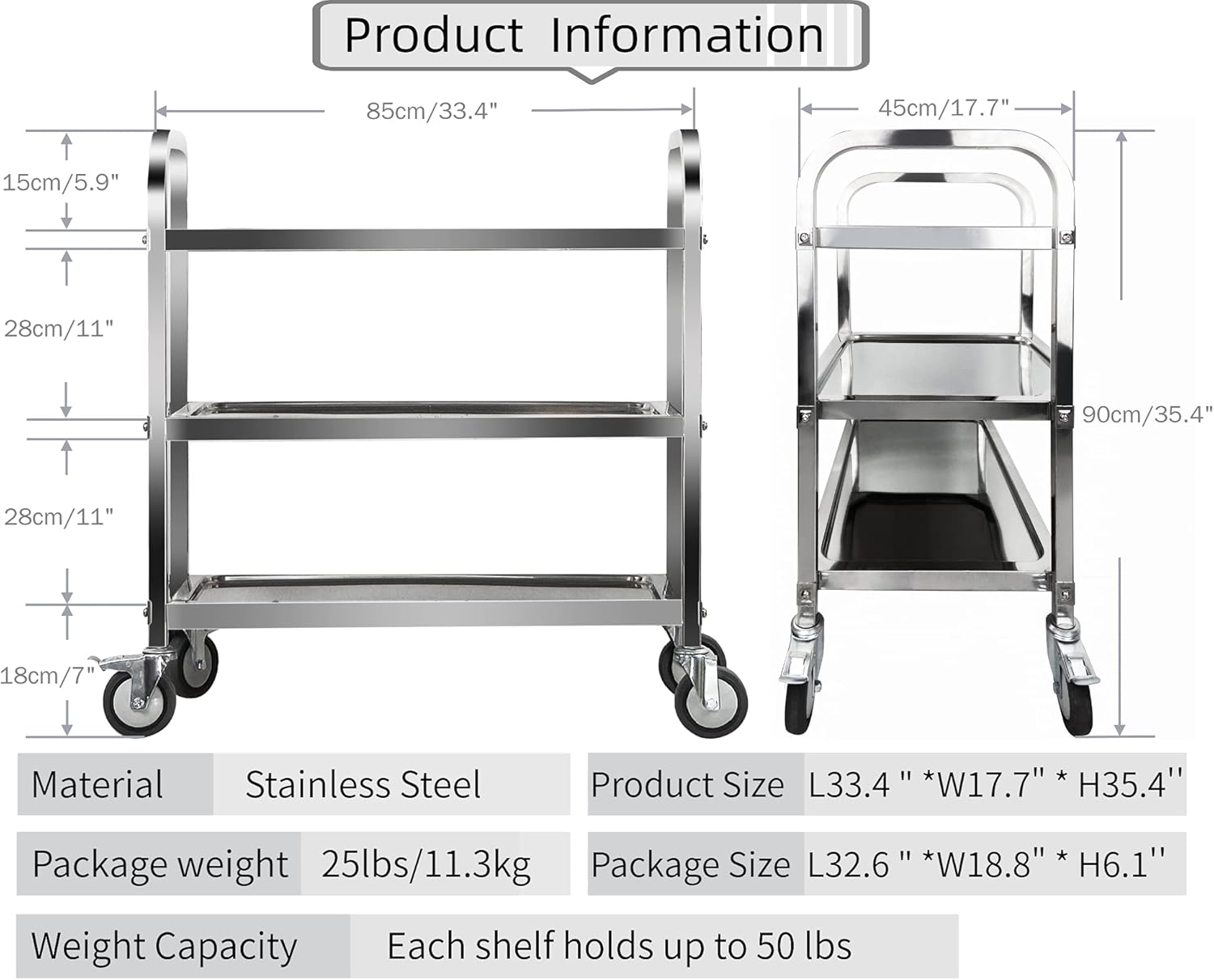 3 Tier Stainless Steel Utility Cart with Locking Wheels S718709
