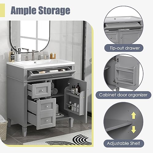 30inch Bathroom Vanity with Sink, 2 Drawers and a Tip-Out Drawer, White B744991