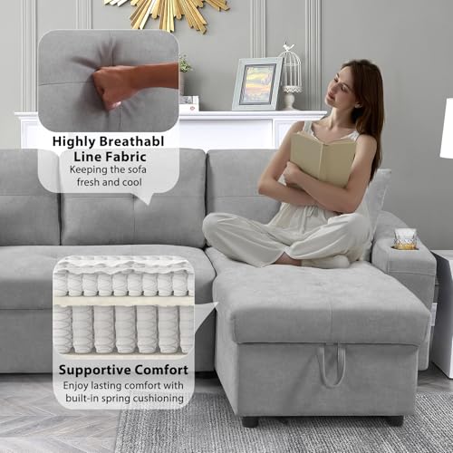 92" Reversible Sleeper Sectional Sofa with Storage Chaise, Light Gray Linen Fabric W176