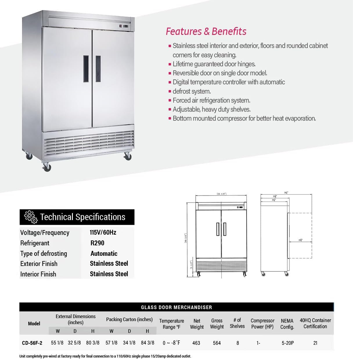 Stainless Steel 2-Door Solid Upright Freezer 47 Cuft L65744