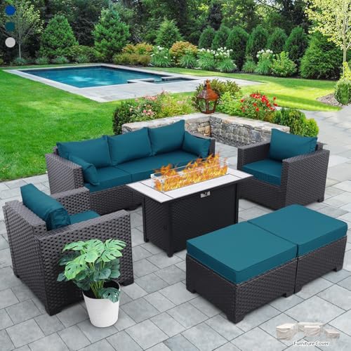 6 Piece HDPE Wicker Patio Conversation Sofa Set with Grey Cushions N65525