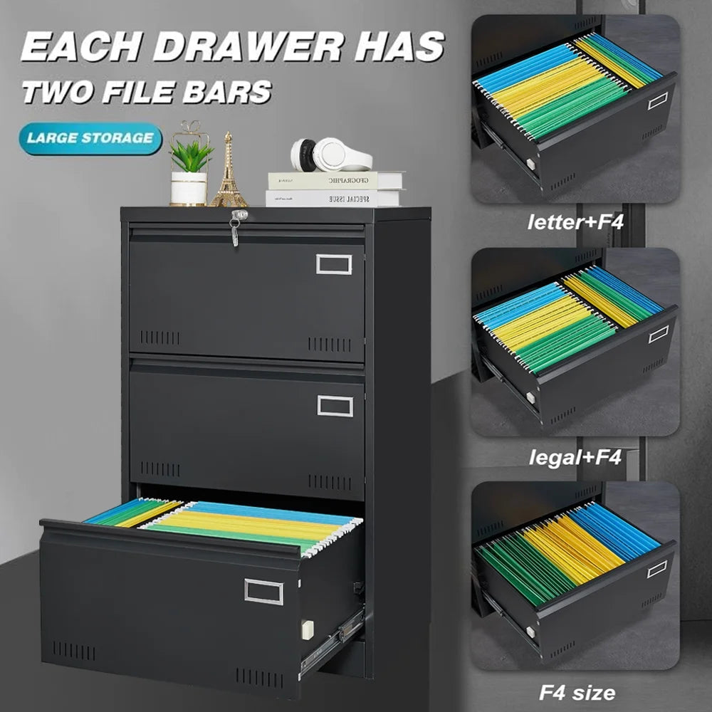 Black Locking Metal 3 Drawer Filing Cabinet O7574