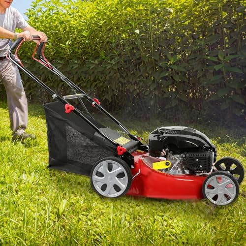 20-Inch Gas Push Lawn Mower, 141CC 4-Cycle Engine, Self Propelled, Side Discharge, High Rear Wheels, 7-Position Single Wheel Height Adjustment (Red) R615