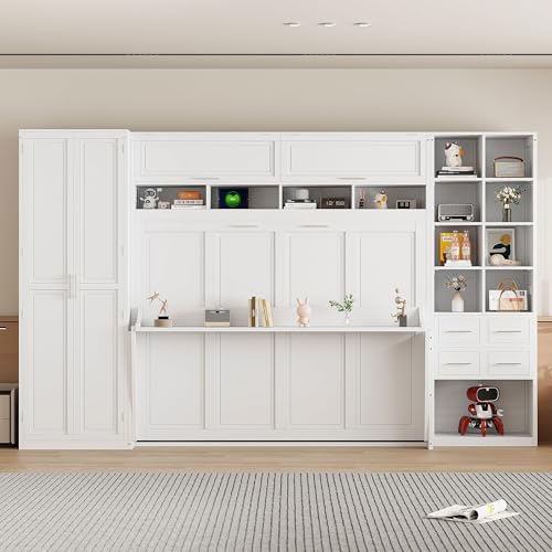 Queen Murphy Bed with Desk, Foldable Queen Wood Wall Bed with Storage Shelves, White B6475