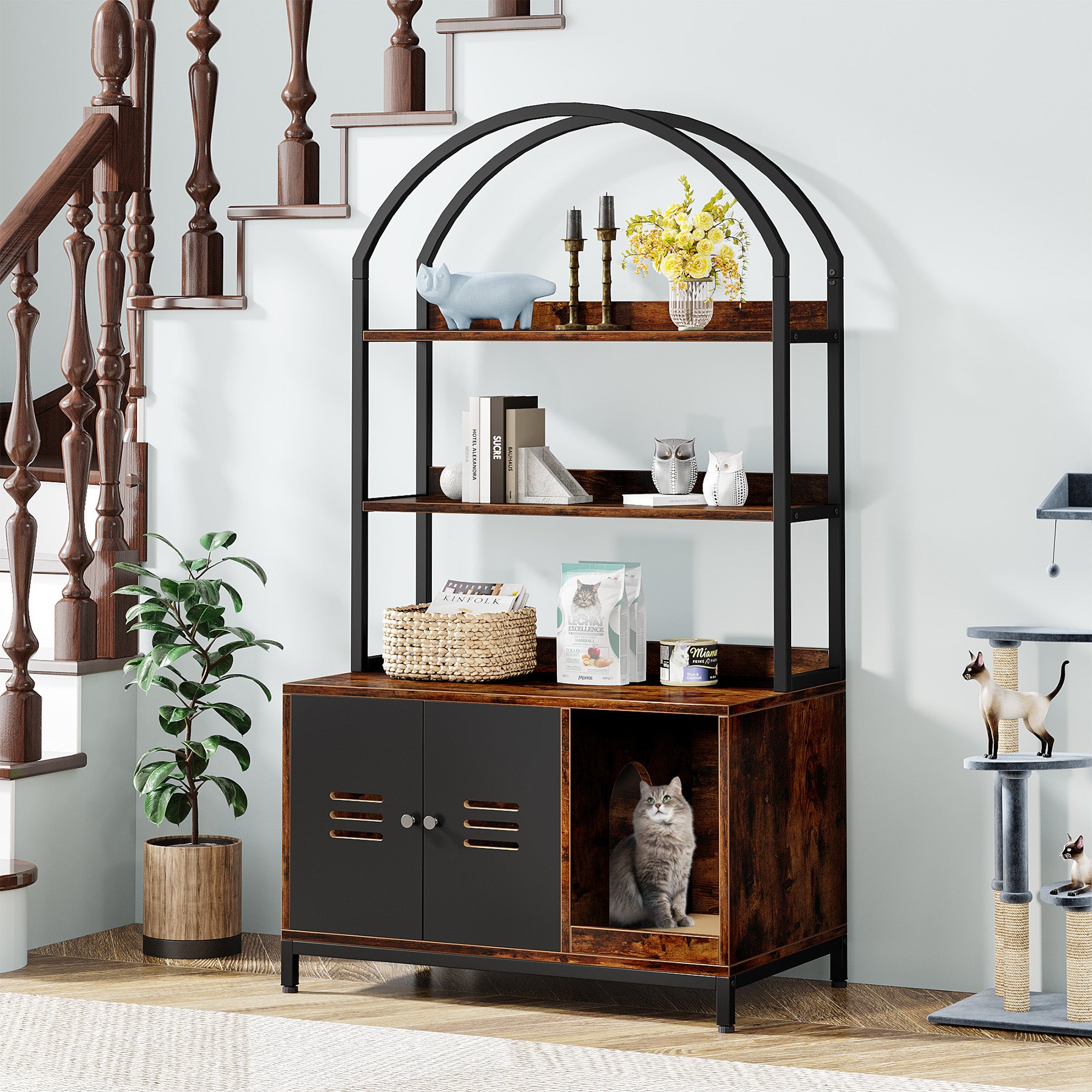 Cat Litter Box Enclosure Furniture with Shelves and Doors X35575