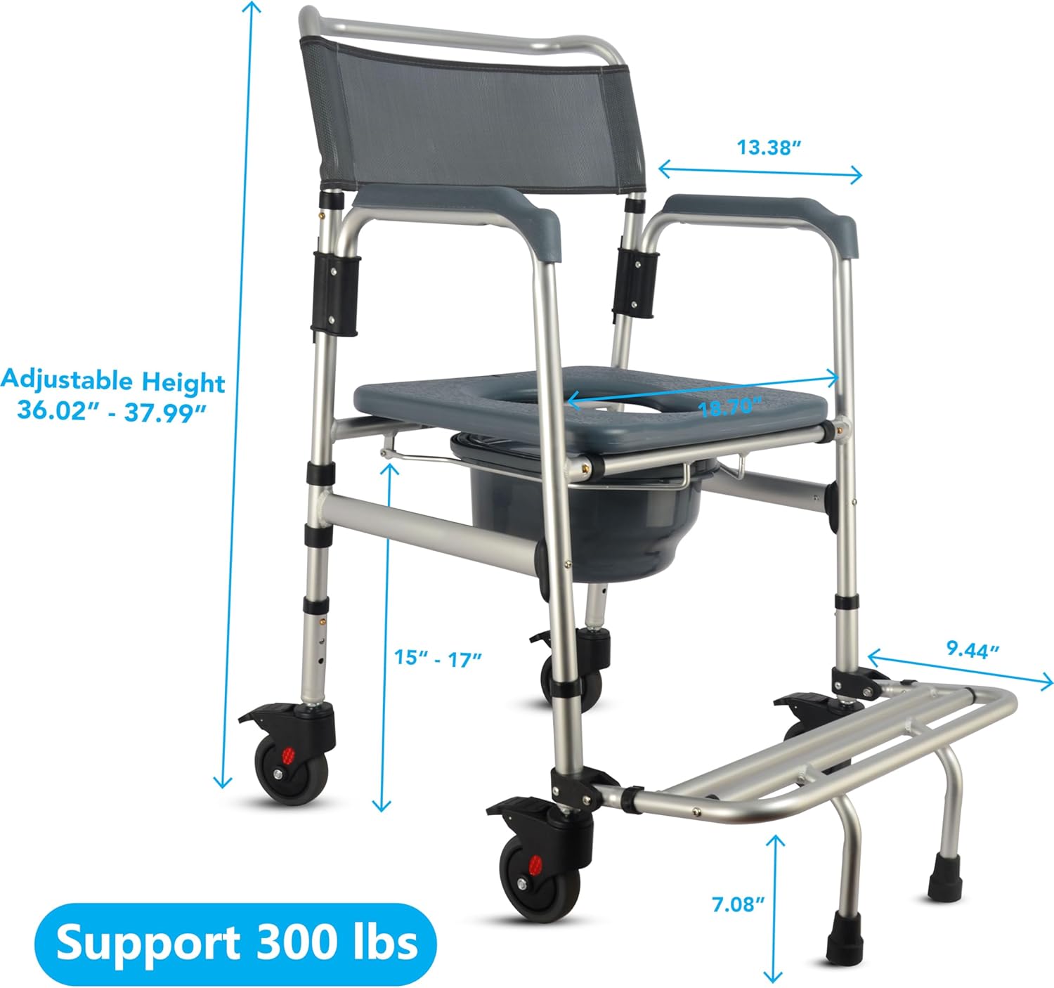 3-in-1 Aluminum Bedside Commode Toilet Shower Chair with Swivel Wheels W3369