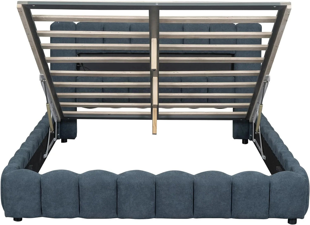 Deep Blue Linen Queen Size Bed with Lift Up Storage Q5927