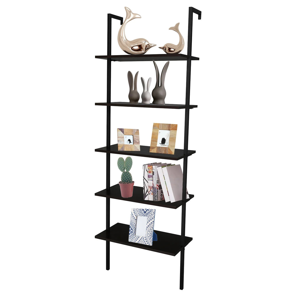 Dark Walnut 5-Shelf Wood Ladder Bookcase with Metal Frame T763088
