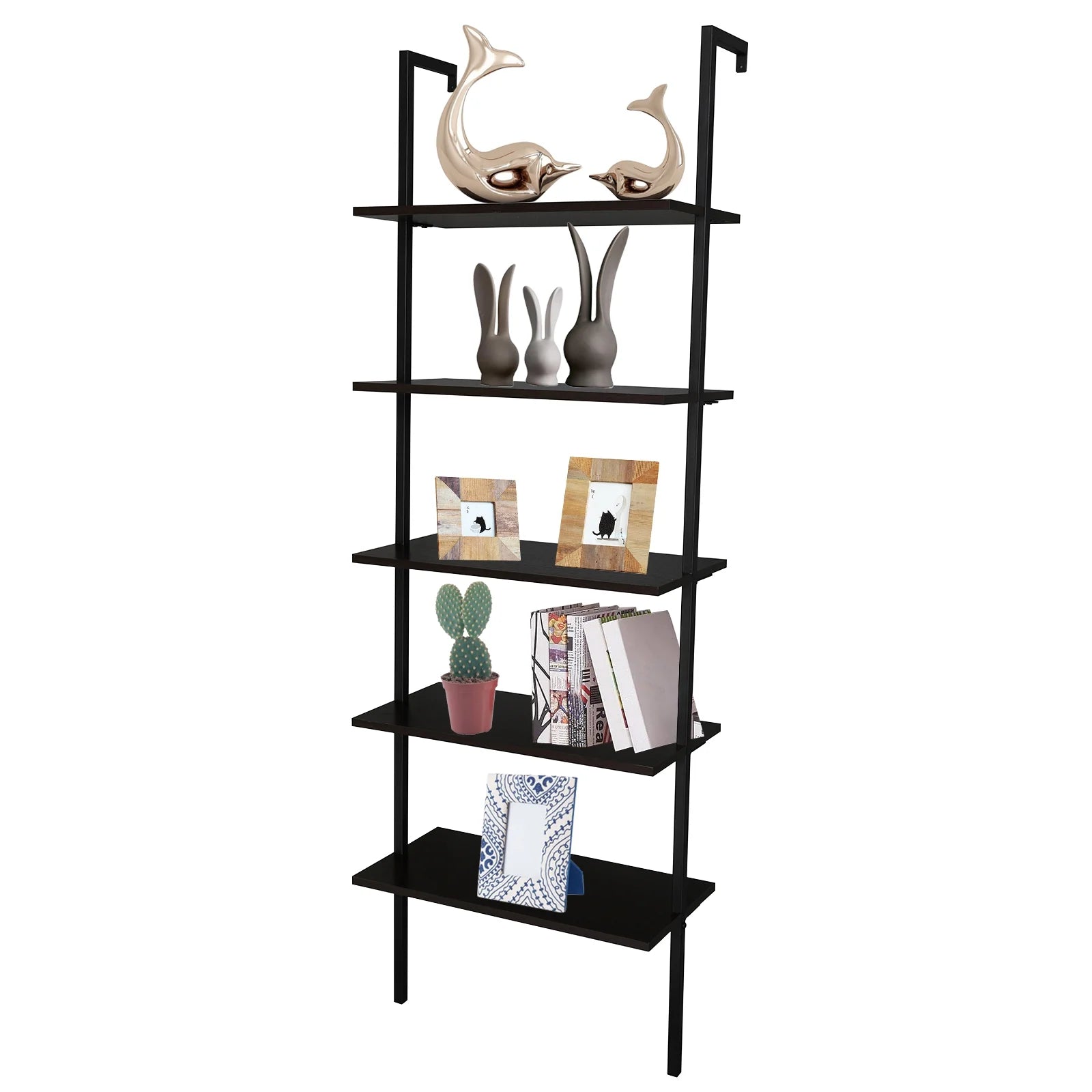 Dark Walnut 5-Shelf Wood Ladder Bookcase with Metal Frame T763088