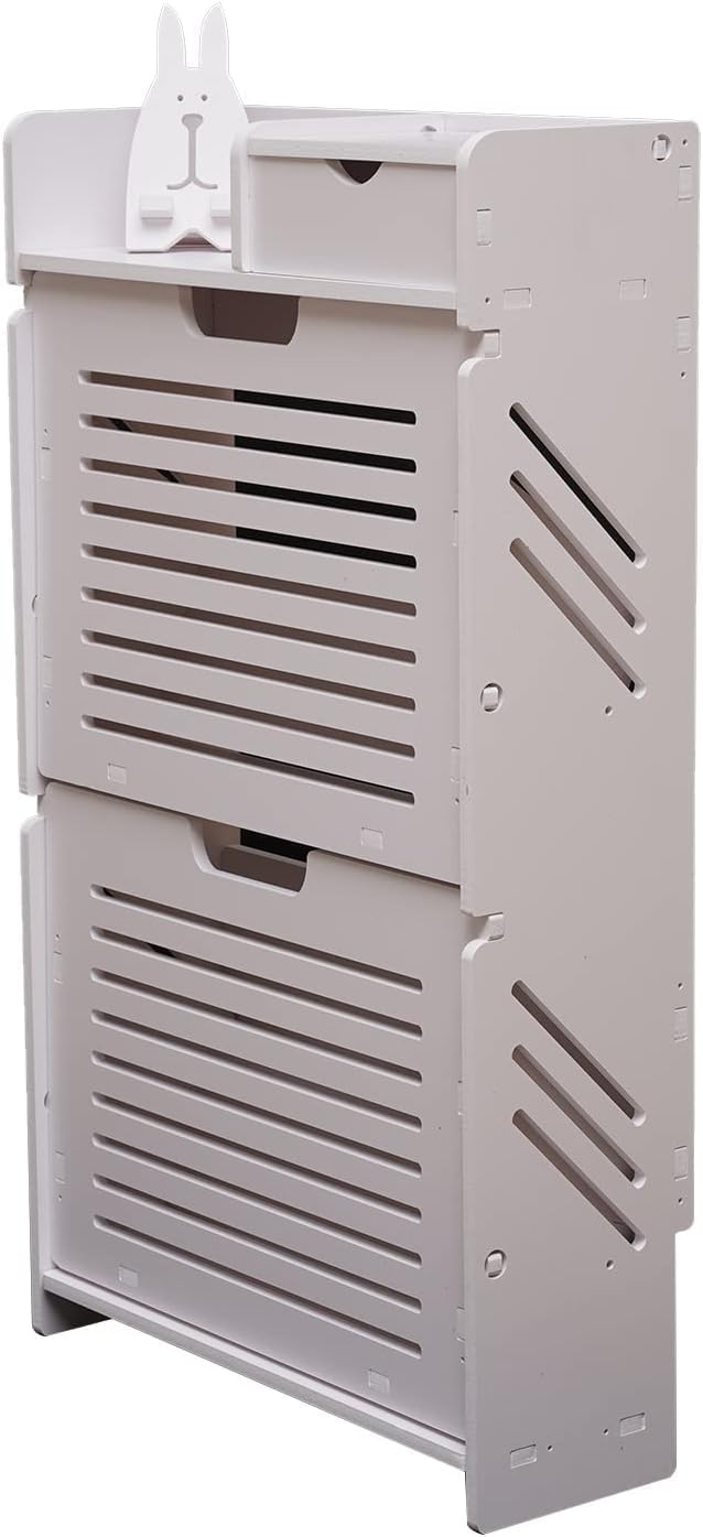 White Wood Look 2 Flip Drawers Freestanding Shoe Storage Cabinet O670