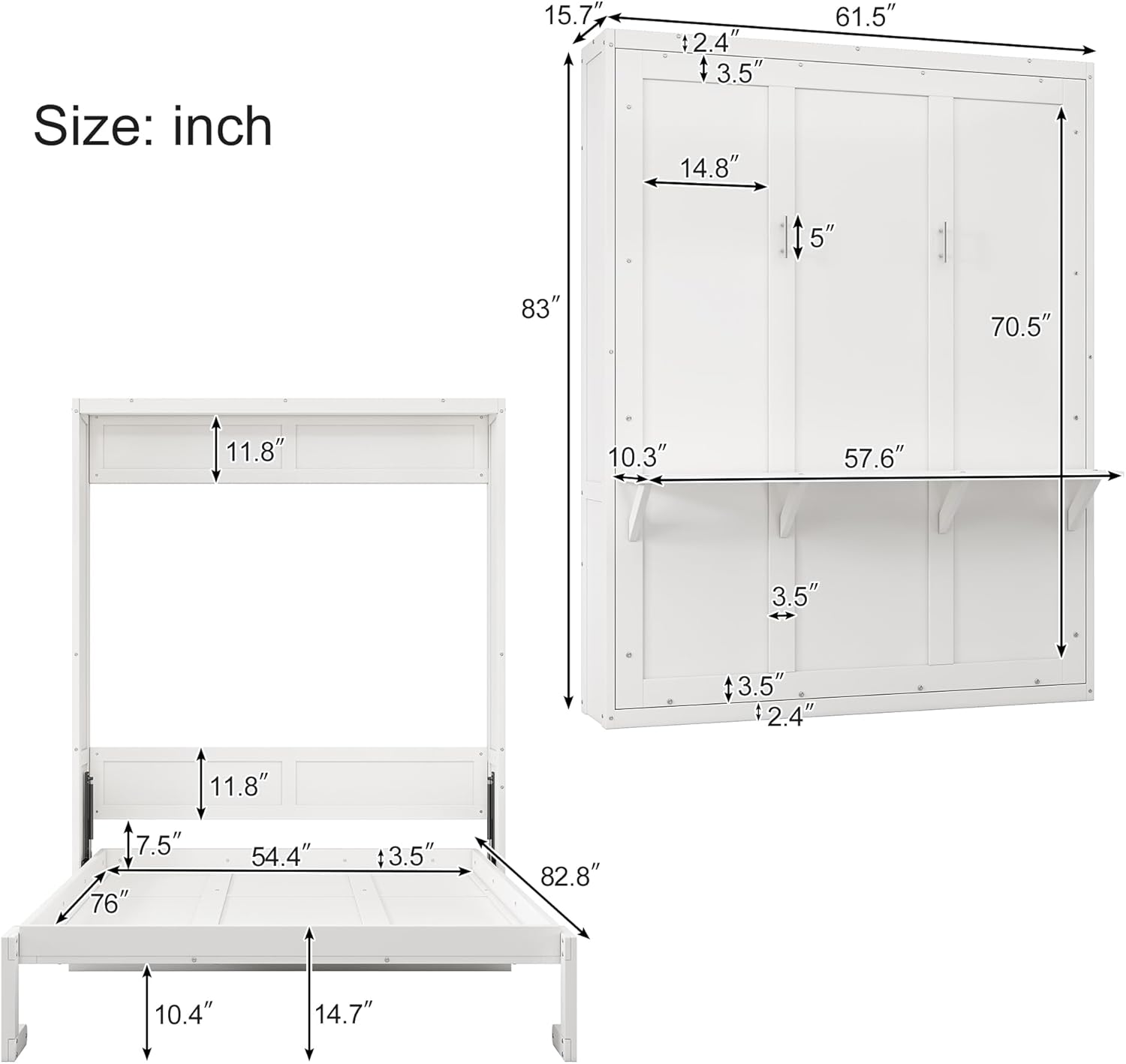 White Full Size Wooden Murphy Bed with Desk and Side Cabinet Storage Shelf G7963