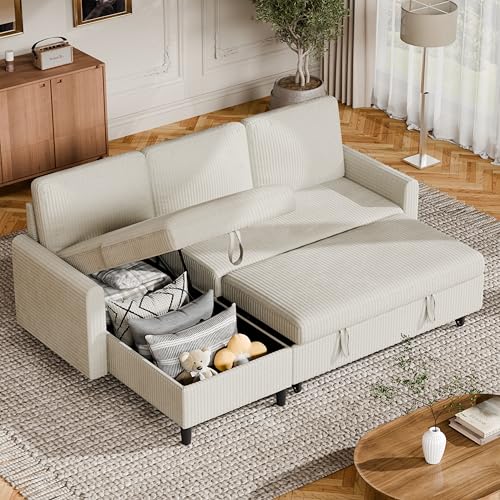 Beige Corduroy L-Shaped Sleeper Sofa with Storage J29785