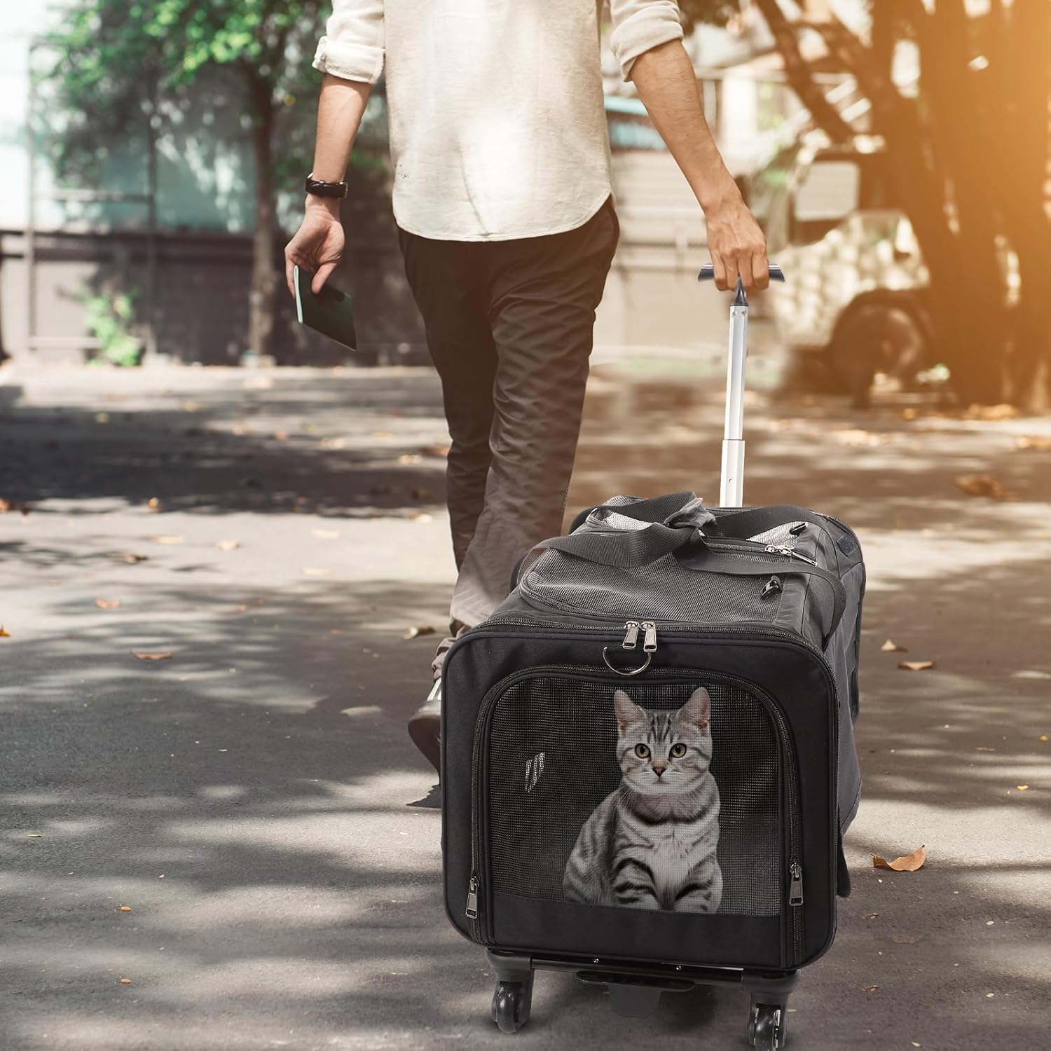 Black Large Rolling Double Compartment Pet Carrier with Wheels X70016