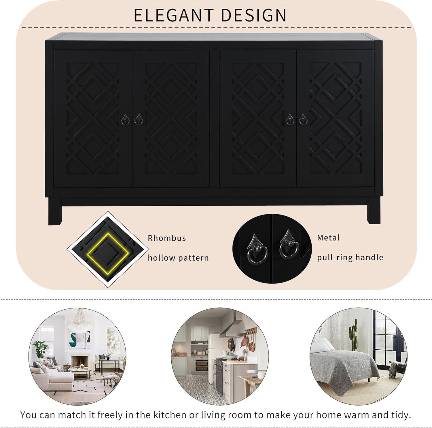 Black 4 Door Storage Cabinet with Pull Ring Handles A86613