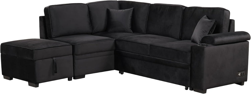 Black 2 in 1 Pull Out L Shape Sleeper Sofa Bed with Storage Ottoman D50902