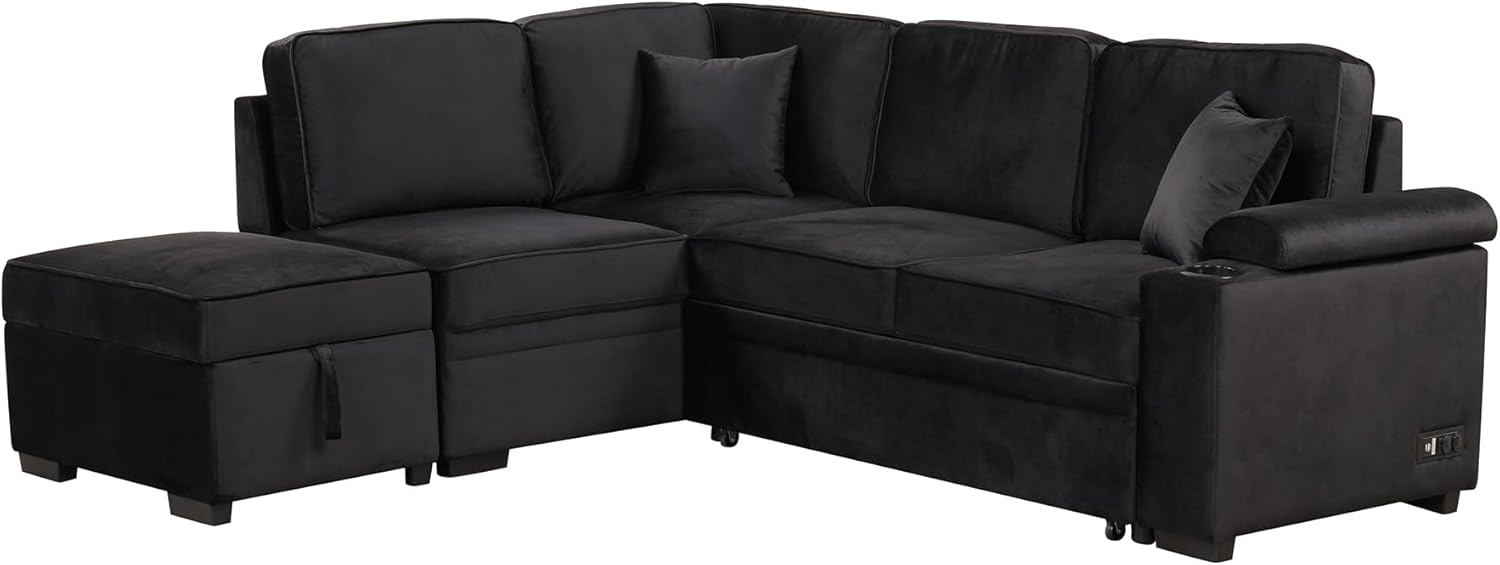 Black 2 in 1 Pull Out L Shape Sleeper Sofa Bed with Storage Ottoman D50902