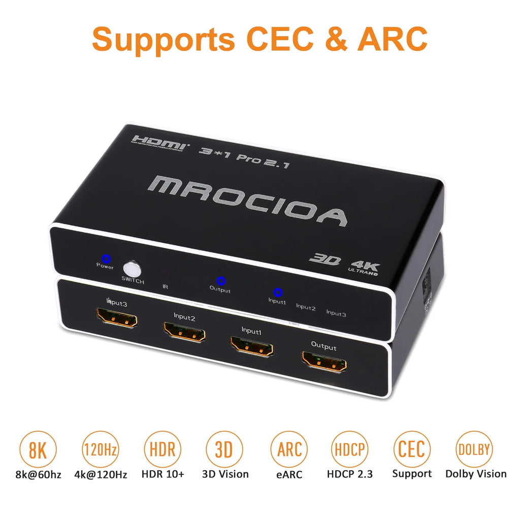 HDMI 2.1 Switch 8k 3in 1 out HDMI Splitter with IR Remote D498585