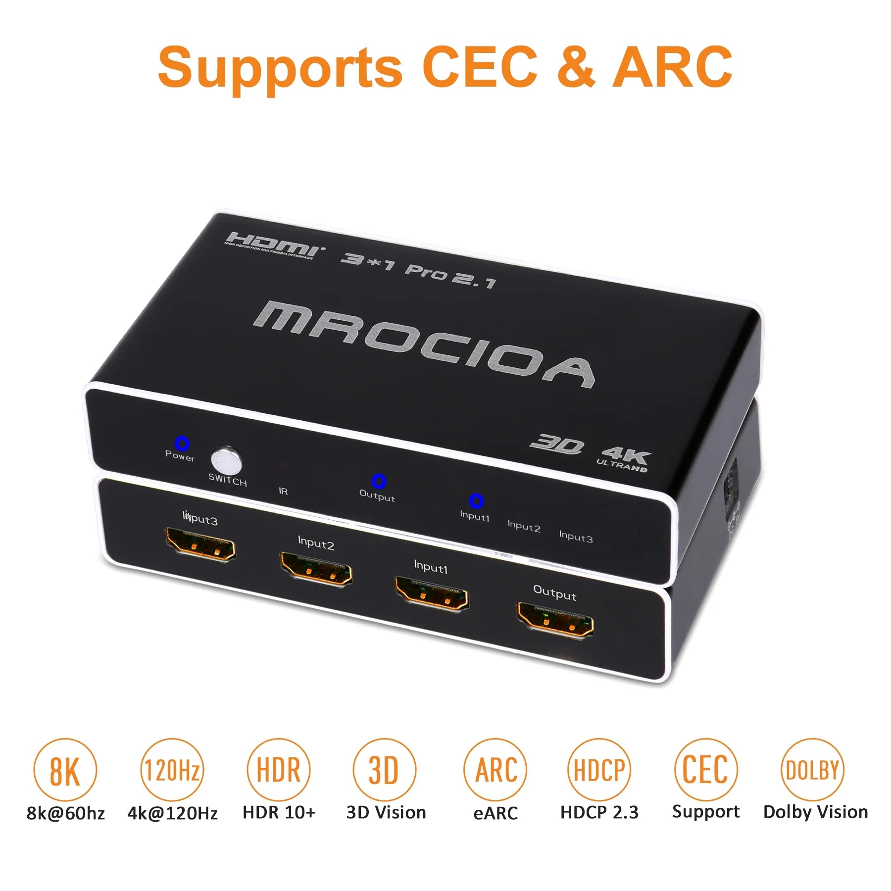 HDMI 2.1 Switch 8k 3in 1 out HDMI Splitter with IR Remote D498585