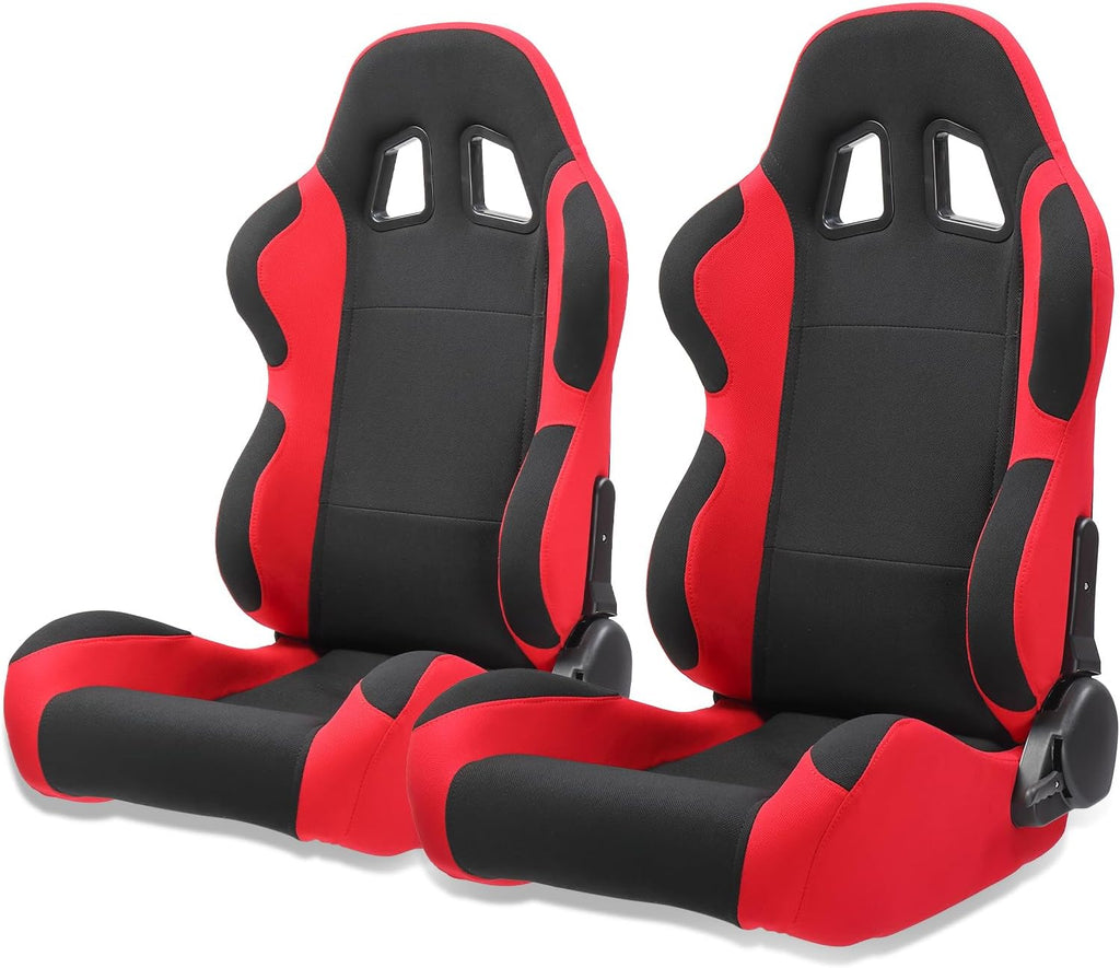 2Pcs Universal Fully Reclinable Nylon Racing Seats Double Slide Black and Red B2847