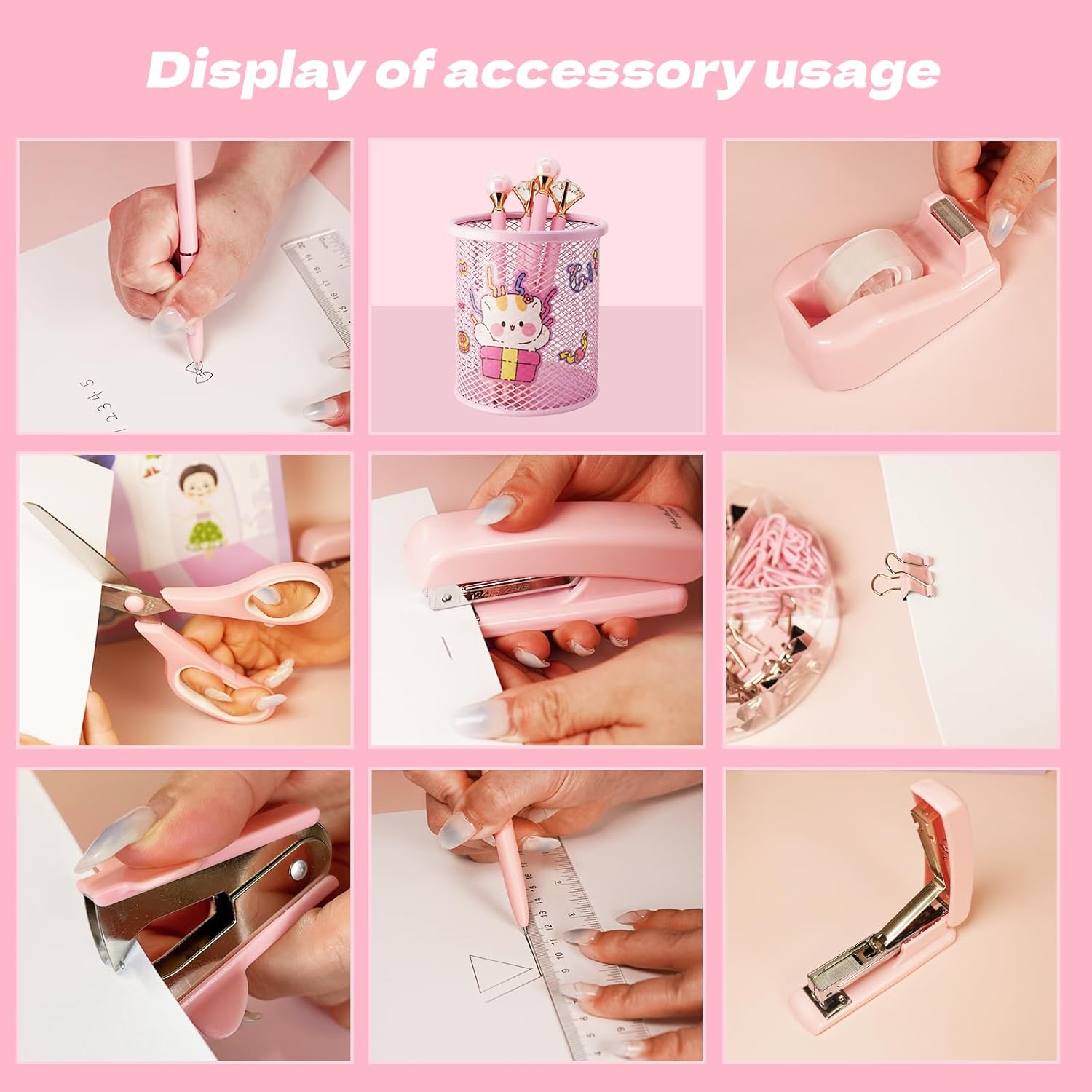 Pink Office Supplies Set with Stapler, Tape Dispenser, Pen Holder, 1000 Staples K26377