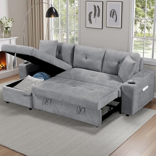 92" Reversible Sleeper Sectional Sofa with Storage Chaise, Light Gray Linen Fabric W176